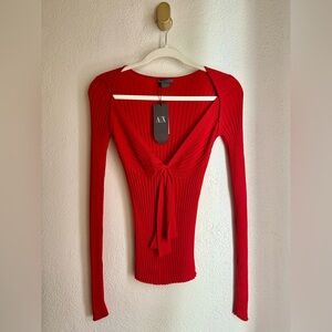 ARMANI EXCHANGE | NWT women red holiday long sleeve stretch v neck top with bow